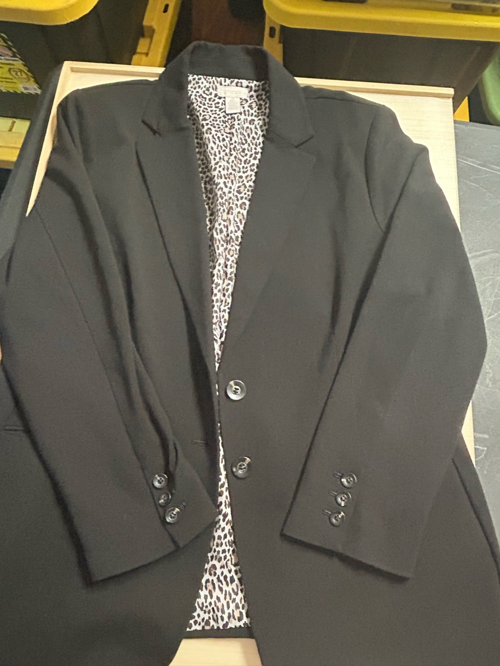 Chico’s Black Blazer Jacket Size 2 Leopard Print Lining Career Workwear (XL)